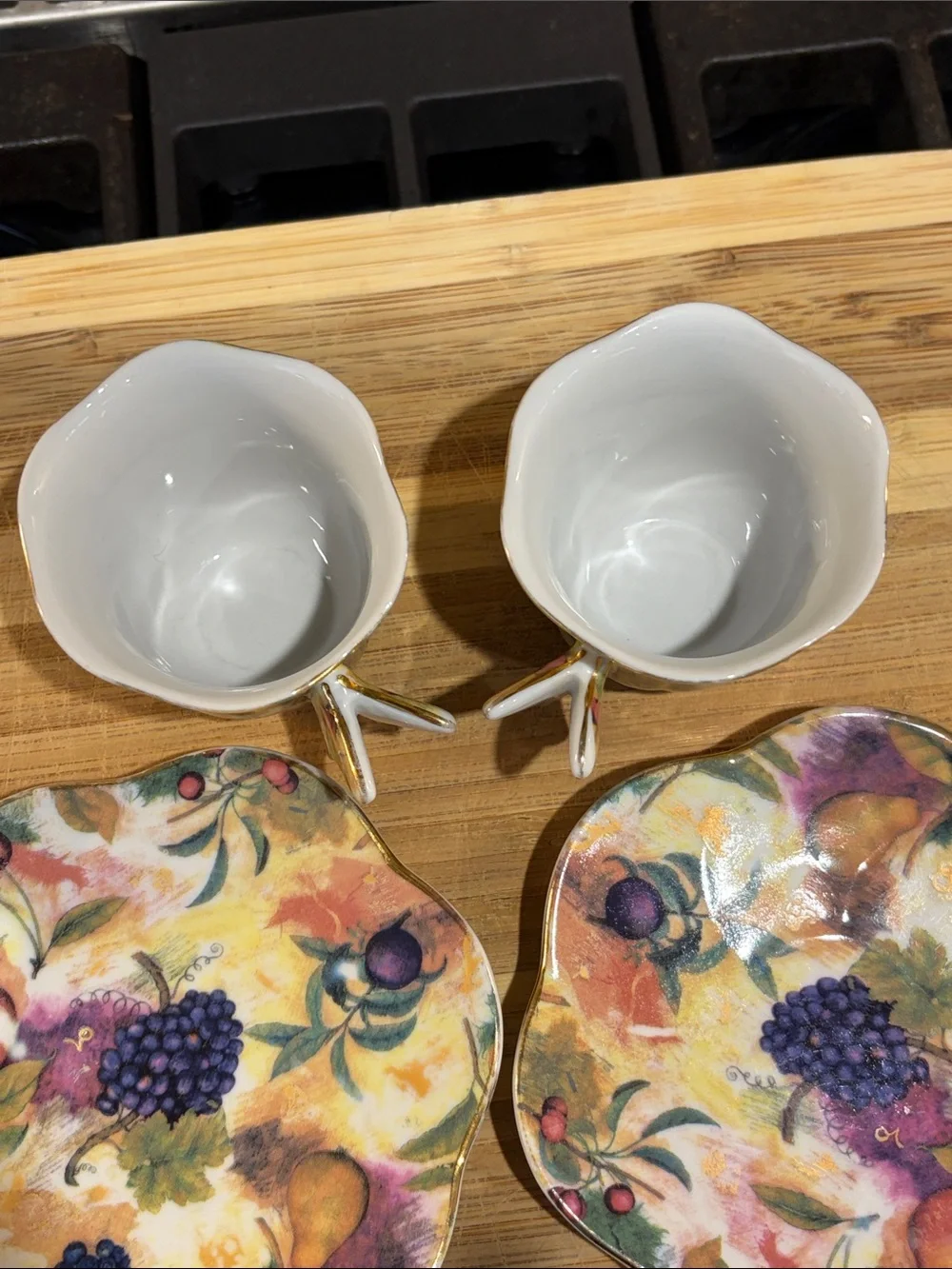 Formalities by Baum Brothers Butterfly Handles Fruit Espresso Cup & Saucer Set 2